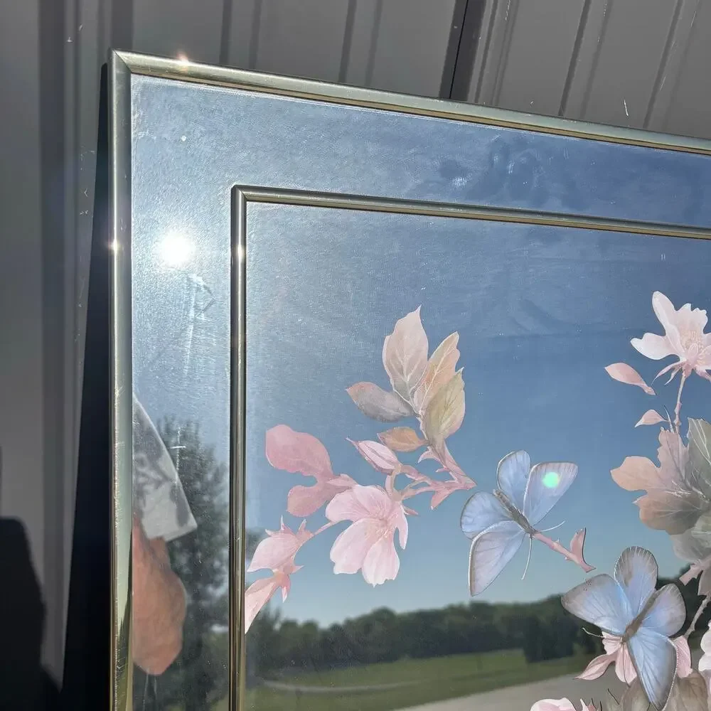 Vtg MCM Gold Framed Mirror Butterflies Flowers 22x28” ‘80s Marsel Hollywood Reg.